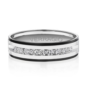 Verragio VWRD-6704-25 14 Karat men's wedding band, top view of channel set diamonds and black edges