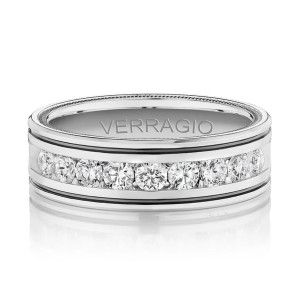 Verragio VWRD-7702-3 14 Karat men's wedding band, with channel set stones, top view lying flat