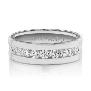 Verragio VWRD-7703-3 14 Karat men's wedding band, front view showing the channel set diamond line