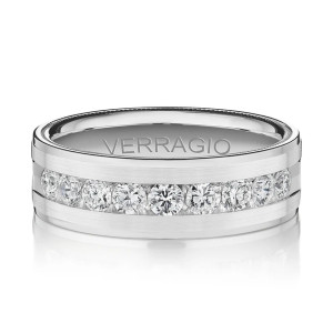Verragio VWRD-7704-3 14 Karat men's wedding band, front view of the channel set diamond row