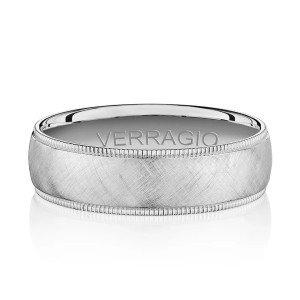 Verragio VWS-205-6 14 Karat men's wedding band, top view of the cross hatched satin face and milgrain rims
