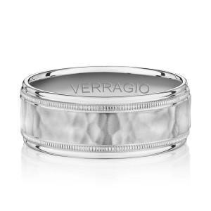 Verragio VWS-208-8 14 Karat men's wedding band, top view of the hammered center and beaded borders