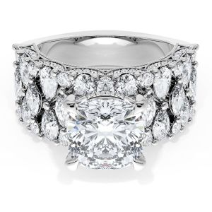 Tacori 21CU912W white gold ring, top view of a cushion cut center stone above a wide multi row diamond band with milgrain edges