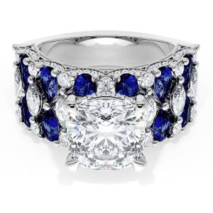 21CU9BS212W top view, cushion center stone above a wide band of blue sapphires and diamonds in white metal