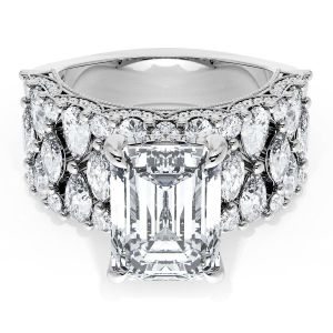 21EC11X812W top view, emerald cut center on a wide white gold band with marquise and round accent diamonds