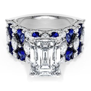 21EC11X8BS212W top view, emerald cut center with pear blue sapphires and marquise diamonds on a wide white gold band