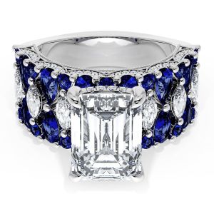 21EC11X8BS312 Platinum ring, top view of emerald cut center with blue sapphire and marquise diamond band