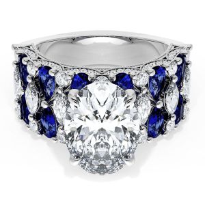 Tacori 21OV125X9BS212W white gold ring, top view of oval center stone with blue sapphire and diamond multi row band