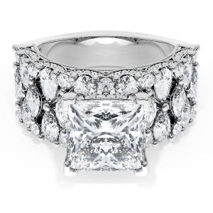 21PR912W top view, princess cut center stone on a wide white metal band tiled with round and marquise diamonds