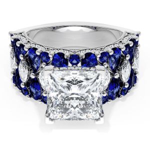 21PR9BS312W top view, princess cut center on a wide band of blue sapphires with marquise diamond accents