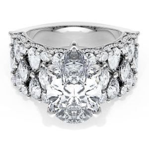 21PS14X912W top view, pear cut center stone with a double row of marquise and round diamonds on a wide white gold band