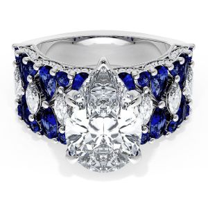 21PS14X9BS312 Platinum top view, pear center stone on a wide band of blue sapphires with marquise diamond accents