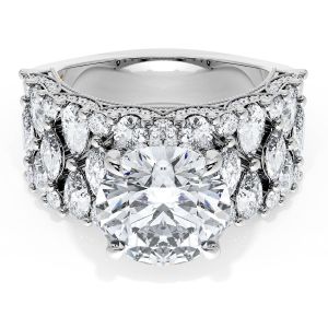 Tacori 21RD1012W white gold ring, top view of round brilliant center stone on a wide multi row diamond band