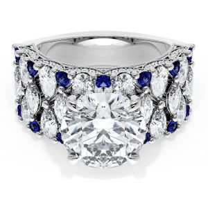 21RD10BS112W top view, white gold wide band with round brilliant center, marquise and pear diamonds and blue sapphire accents