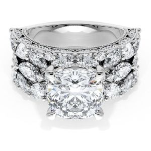 22CU9 Platinum ring, top view of cushion cut center stone above rows of marquise and round diamonds