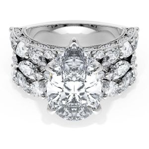 22PS14X912W top view, pear cut center stone above rows of pear, marquise and round diamonds on a wide white gold band