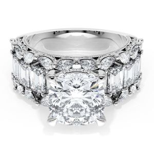 23CU912W top view, cushion center stone on a wide white metal band tiled with step cut and round diamonds