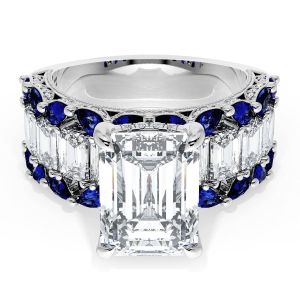 23EC11X8BS112 Platinum ring top view, emerald cut center with emerald cut diamond row and blue sapphires