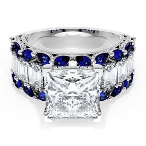 23PR9BS112 Platinum top view, princess cut center with step cut diamond row bordered by blue sapphires