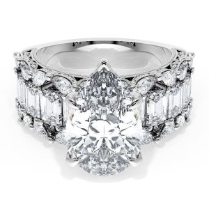23PS14X912W top view, pear shaped center on a wide white gold band with step cut and round diamonds