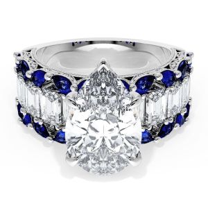 23PS14X9BS112 Platinum top view, pear cut center with emerald cut diamond row edged in blue sapphires