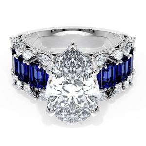 23PS14X9BS212 Platinum ring top view, pear cut center with emerald cut blue sapphire row and diamonds