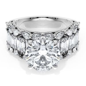 23RD1012W top view, round brilliant center on wide white metal band with step cut diamond channel and round diamond borders