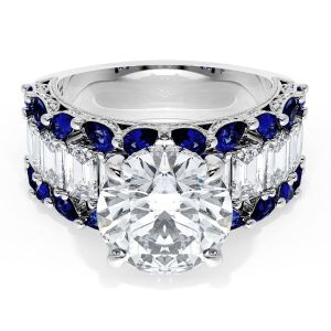 23RD10BS112 Platinum top view: round center stone with step cut diamonds bordered by blue sapphire rows