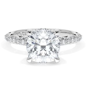 40224CU Platinum top view, cushion cut center with hidden diamond collar on a slim pave platinum band