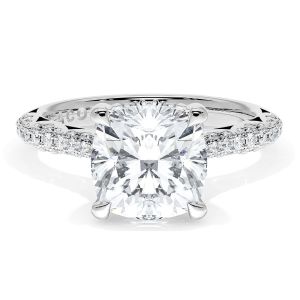 40325CU Platinum top view, cushion center stone on a tapering pave band with hidden halo collar in white metal