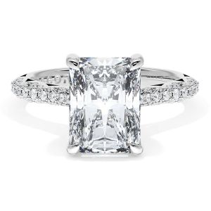 40325RAD95X7W ring, top view of radiant cut center on a pave diamond band in white metal