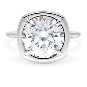40417CURD10W top view: round brilliant center prong-set inside a polished cushion-shaped frame