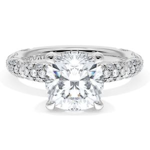4063CU834 Platinum top view, cushion cut center stone with beaded pave crescent pods along the band