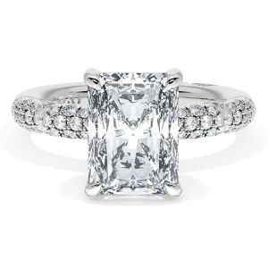 4063RAD95X712W ring top view, radiant cut center with milgrain leaf pave stations on a white gold band