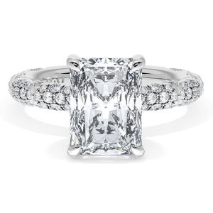 4063RAD95X734W ring, top view of radiant cut center on a milgrain edged pave band in white metal