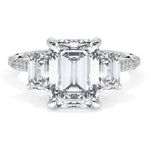 40827EC95X734W top view: three stone ring with emerald cut center and emerald cut sides on pave band