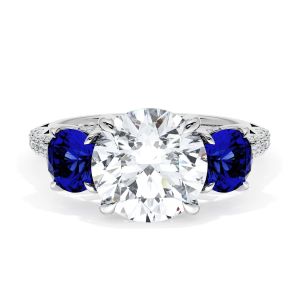 40827RD9BS Platinum top view, round brilliant center between two oval blue sapphires on a pave band
