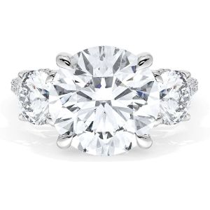 40927RD1134W ring, top view of round brilliant center with two round side stones and pave shoulders