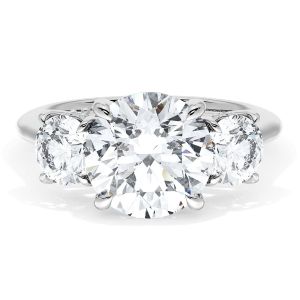 41127RD9W top view: round brilliant center with round diamond side stones on a polished band