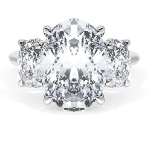 41227OV13X95W ring top view, three stone oval center with oval side diamonds on a polished band