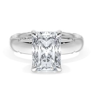 4144RAD95X7 Platinum top view, radiant cut center on a wide polished band with milgrain crescents