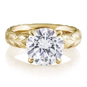4144RD10YWE top view, round brilliant center on a hand engraved yellow gold band