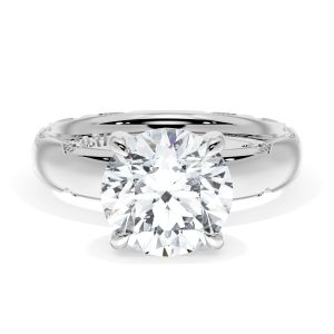 4144RD9 Platinum top view, round brilliant center on a polished white metal band with milgrain crescent edges