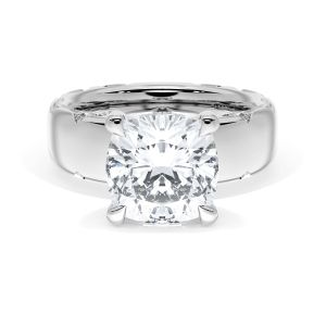 4146CU9 Platinum top view, cushion cut center stone on a wide polished band with milgrain crescent seams