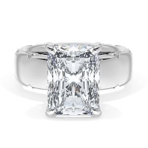 4146RAD11X8 Platinum top view, radiant cut center stone on a wide polished band with milgrain crescent seams