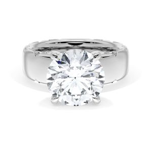 4146RD10 Platinum top view, round brilliant center in curved claw prongs on a wide polished white metal band