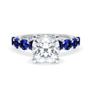 Tacori 415CU8BS Platinum ring, top view of cushion center stone with round blue sapphires along the band