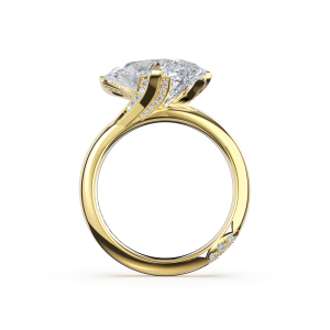 451PS19X103LDY profile view: tilted pear diamond over pave lined yellow gold arms