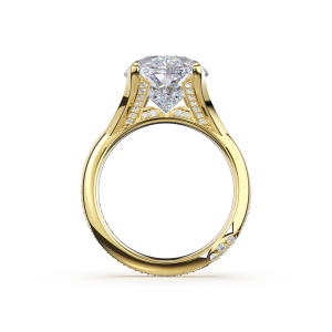 455OV19X105LDY yellow gold ring profile view, twin diamond ribbons flanking the oval pavilion, dark backdrop