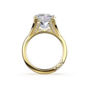Tacori 456CU135X105LDY profile view of flared split supports with pave lines beneath the cushion center